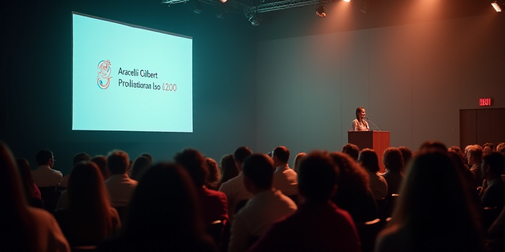 a woman standing at a podium in front of a crowd of people in front of a screen with information, Ar
