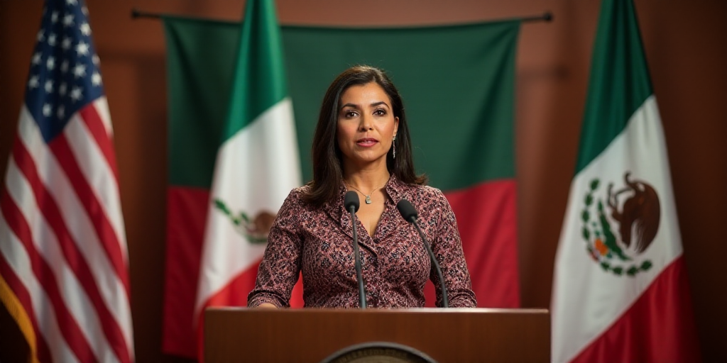 a woman standing at a podium in front of flags and a flag banner behind her is a mexican woman, Arac