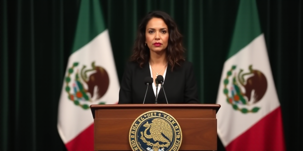 a woman standing at a podium in front of two flags and a microphone in front of her is a picture of
