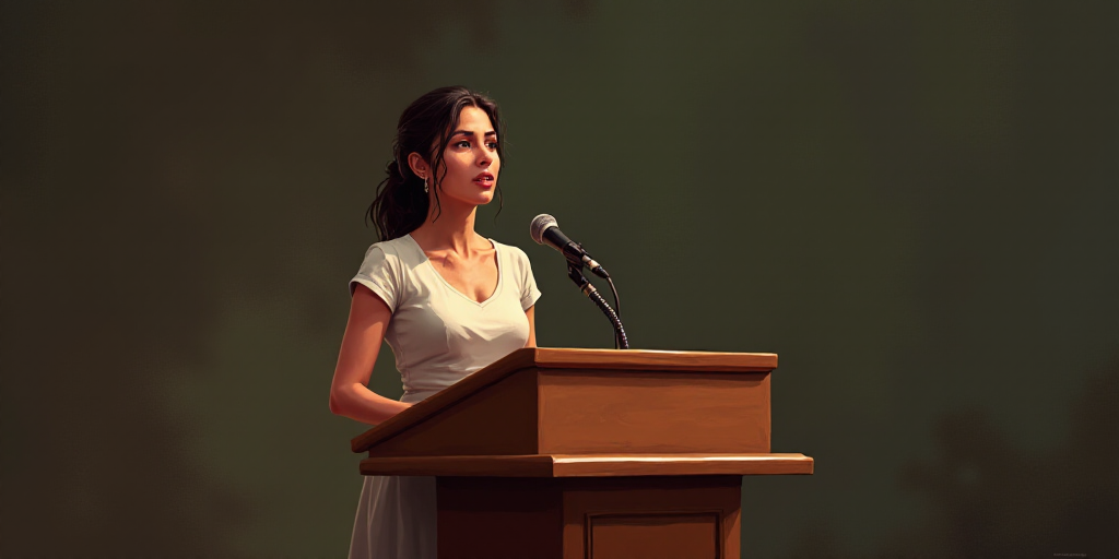 a woman standing at a podium with a microphone in front of her and a microphone in front of her, Eva