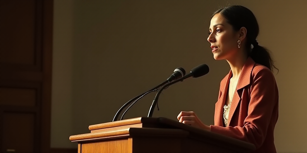 a woman standing at a podium with a microphone in front of her and a microphone in front of her, Eva