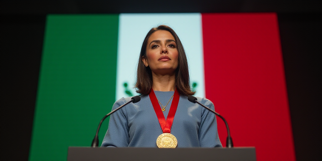 a woman standing at a podium with a medal around her neck and a mexican flag behind her, with a mexi