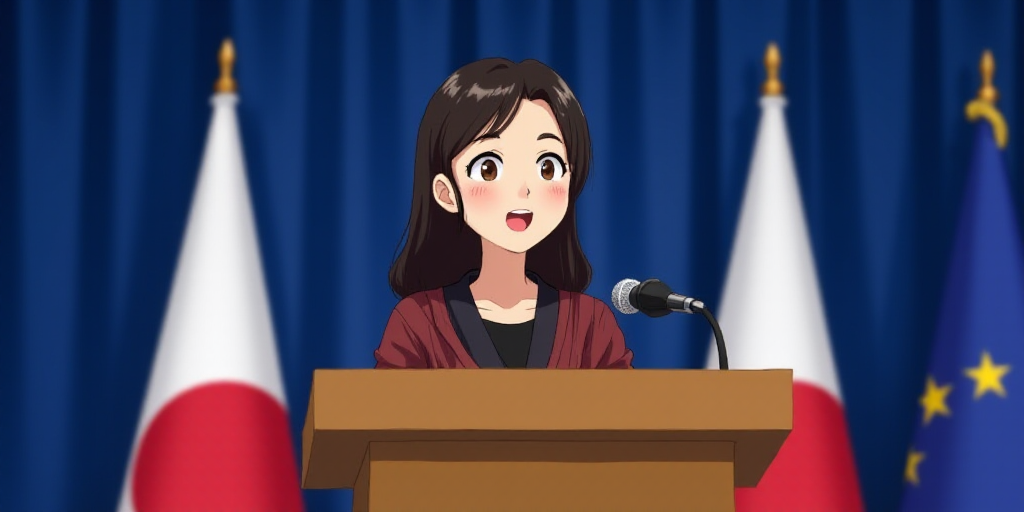 a woman standing at a podium with flags behind her and a microphone in front of her, with a blue bac