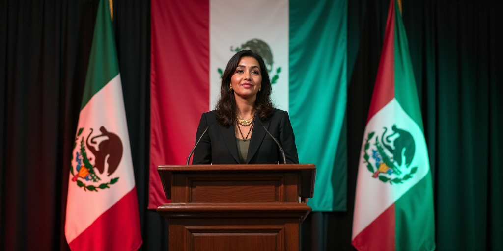 a woman standing at a podium with a flag behind her and a flag behind her and a mexican flag behind