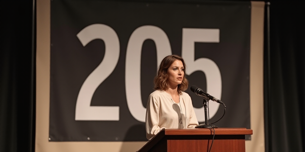 a woman standing at a podium with a microphone in front of her and a banner behind her that says 205