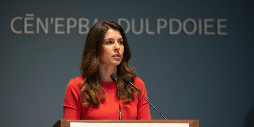 a woman standing at a podium with a microphone in front of her and a sign behind her that says confe