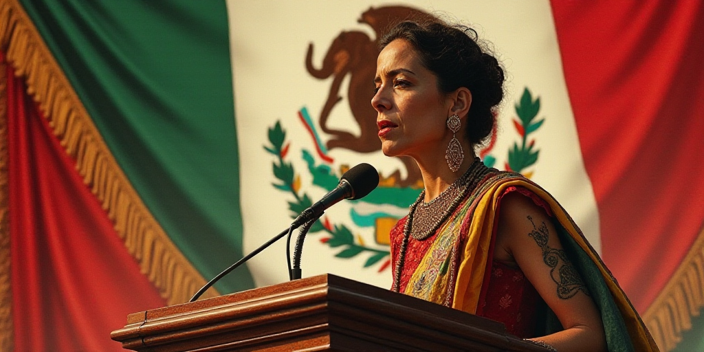a woman standing at a podium with a flag behind her and a flag behind her behind her and a mexican f