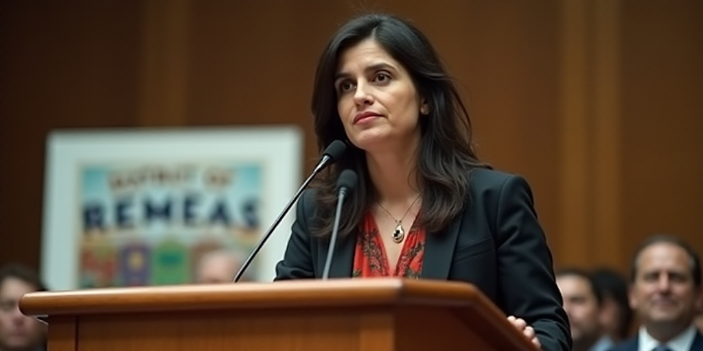 a woman standing at a podium with a microphone in front of her and a sign behind her that says distr