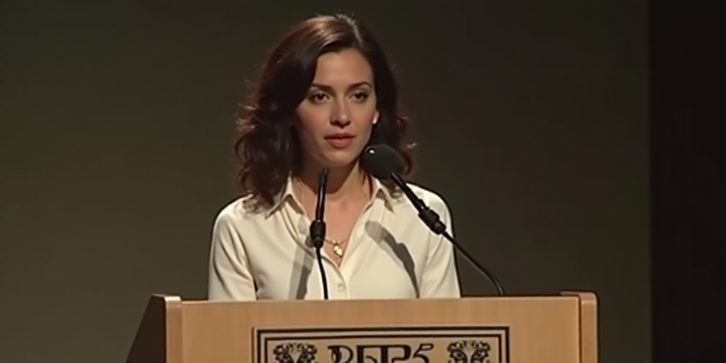 a woman standing at a podium with a microphone in front of her and a sign behind her that says 2055,