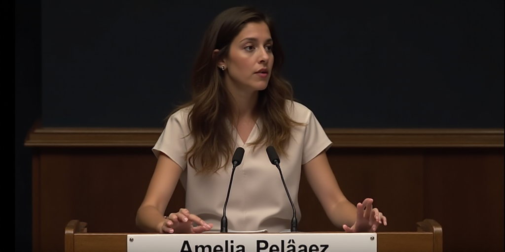 a woman standing at a podium with a microphone in front of her and a sign behind her that says,, Ame