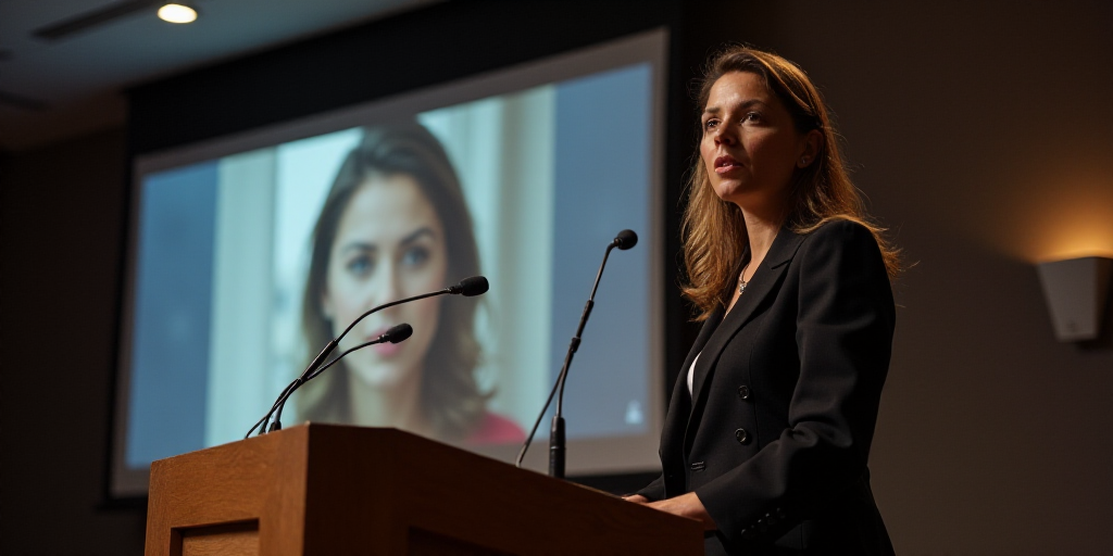 a woman standing at a podium with a microphone in front of her and a screen behind her with a pictur