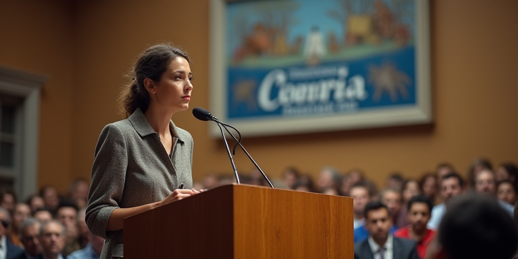 a woman standing at a podium with a microphone in front of her and a sign behind her that says confe