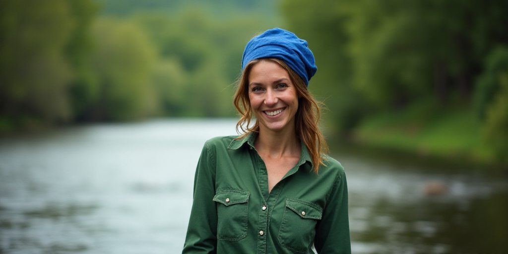 a woman standing in a river with a smile on her face and a green shirt on her shoulders and a blue s