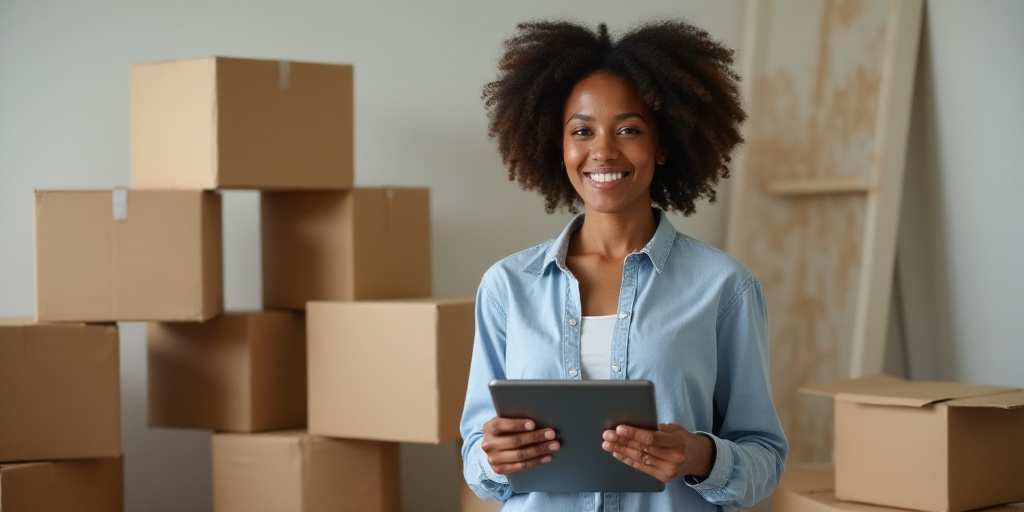 a woman standing in a room with boxes and boxes around her and a tablet in her hands, smiling, Andri