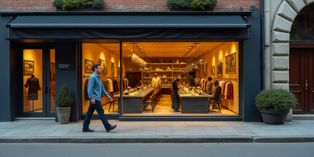 a woman standing in front of a store with a man walking by her and a man walking by her, Ceferí Oli