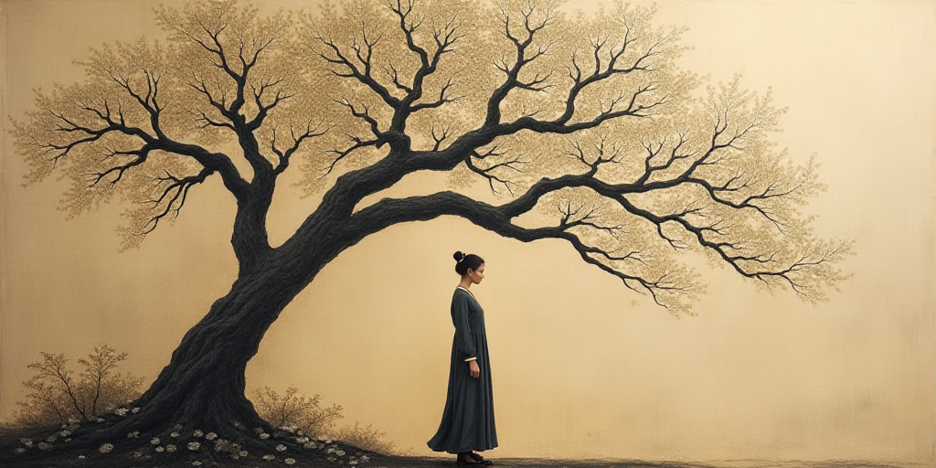 a woman standing in front of a wall with a tree made of metal discs on it's side, Chen Lu, intricate