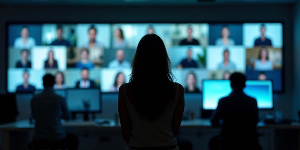 a woman standing in front of a computer screen with people on it and a man standing in front of the