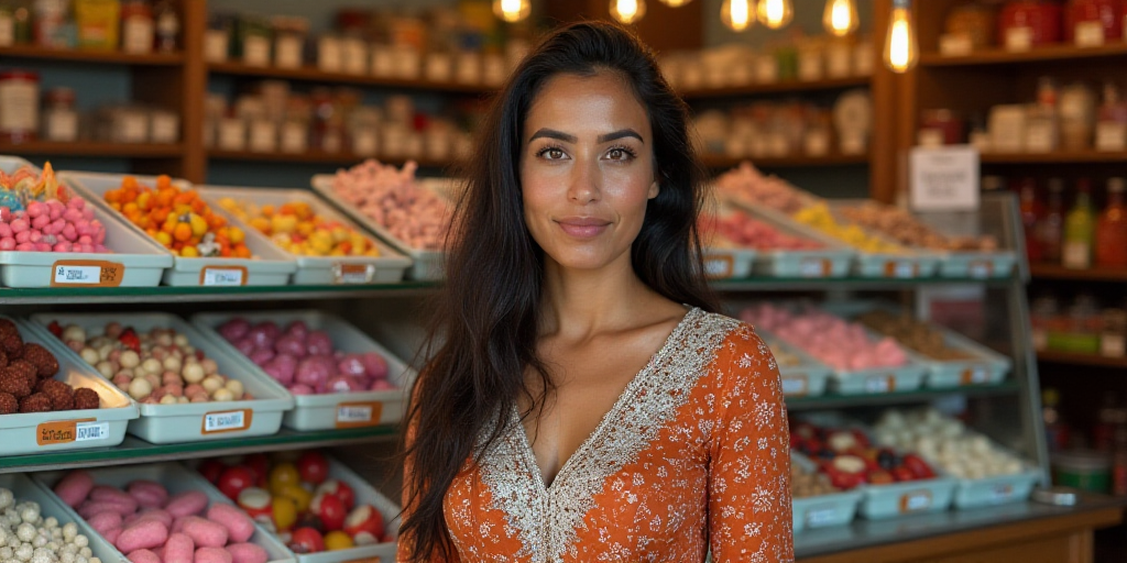 a woman standing in front of a store filled with candy and candies and a lot of other candies, Estua