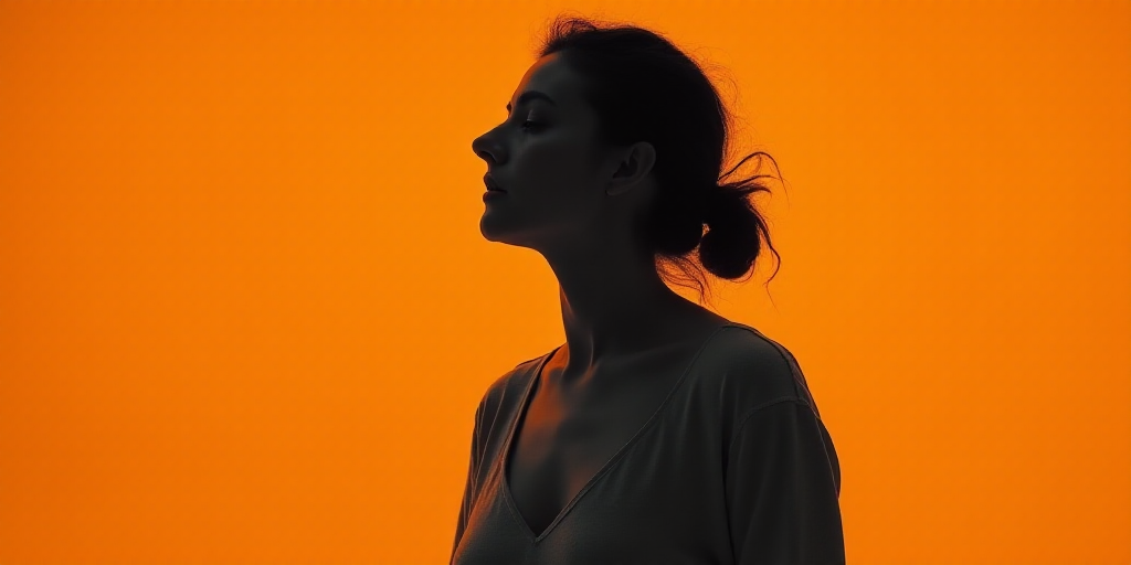 a woman standing in front of an orange background with a black and white photo of her and the words