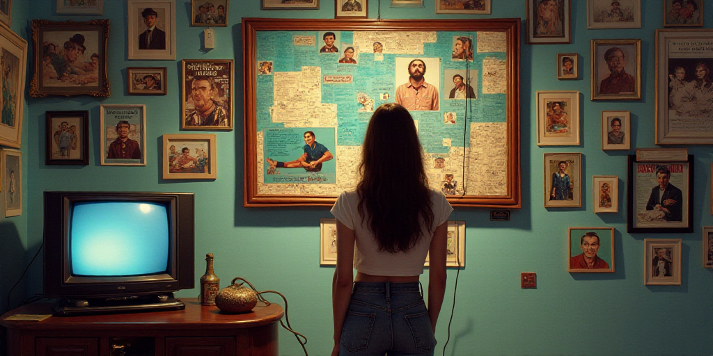 a woman standing in front of a wall with pictures on it and a tv on the wall above her, Drew Struzan