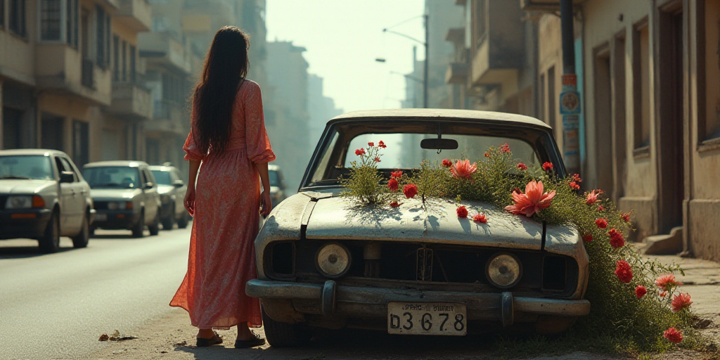a woman standing next to a broken down car in a city street with flowers growing on the side of the