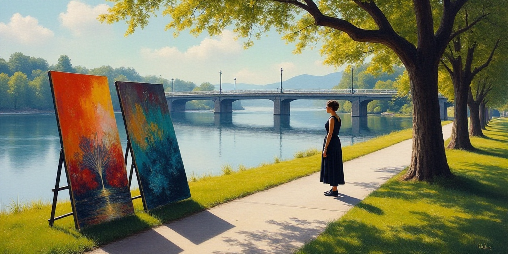 a woman standing next to two paintings on a tree lined sidewalk near a lake and a bridge in the back