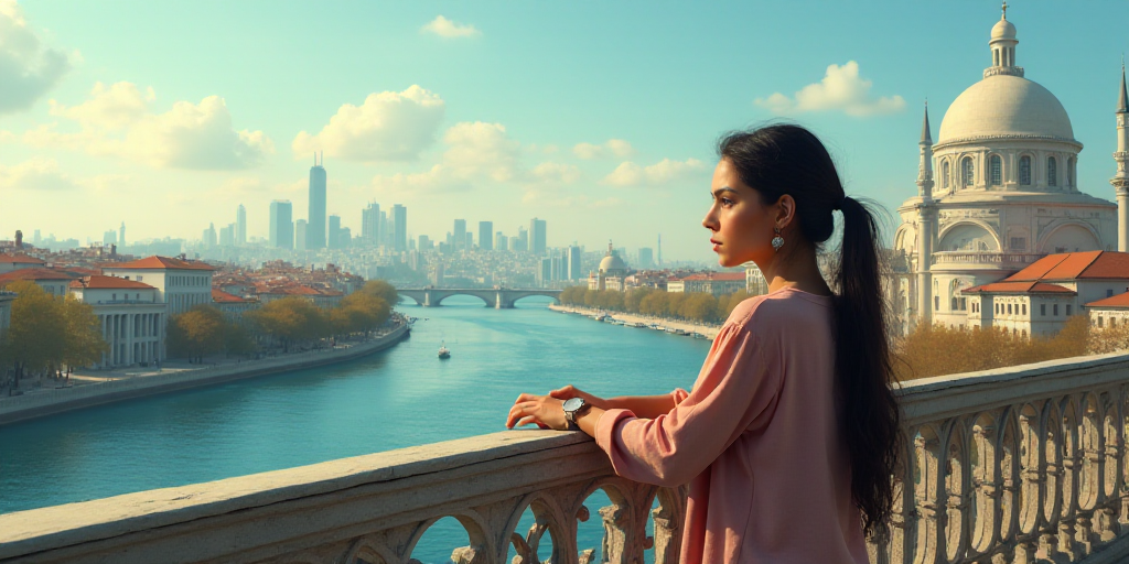 a woman standing on a balcony overlooking a city and a river with buildings in the background and a