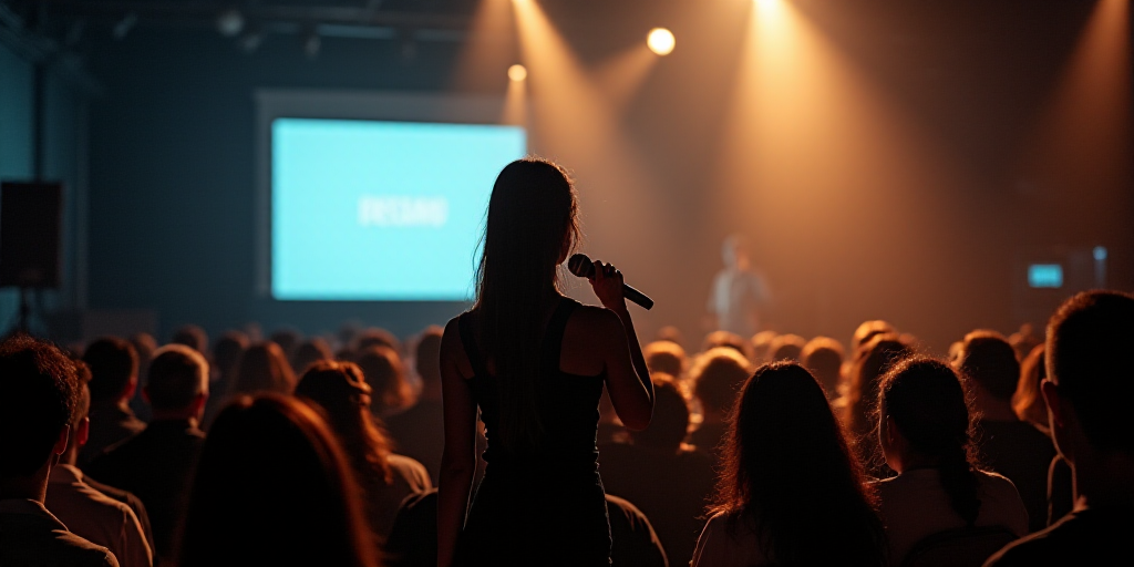 a woman standing on a stage in front of a crowd of people with a microphone in her hand and a screen