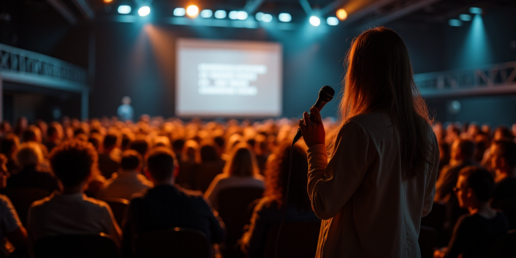 a woman standing on a stage in front of a crowd of people with a microphone in her hand and a screen
