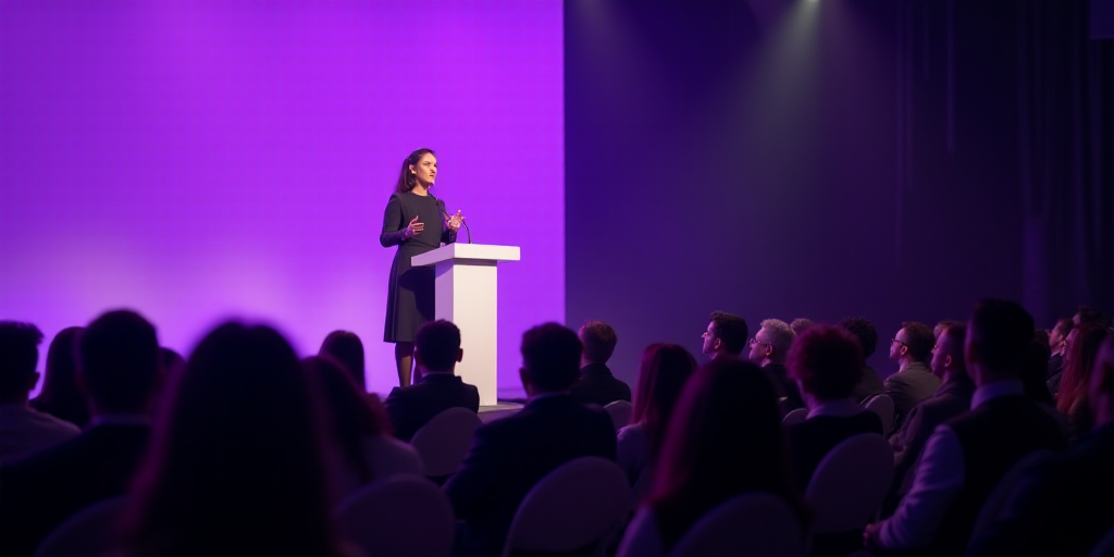 a woman standing on a stage speaking to a crowd of people at a conference or conference hall with a