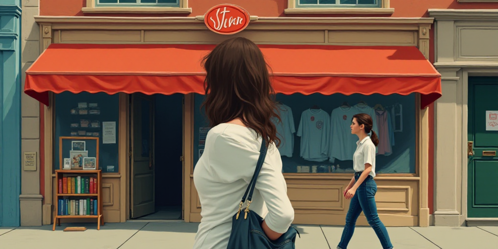 a woman standing outside of a store with a sign above her head that says, sbb, and a woman in a whit
