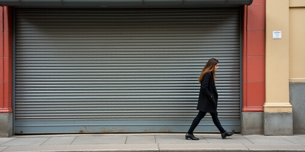 a woman walking down a street past a closed door of a store with a red and white stripe on the side