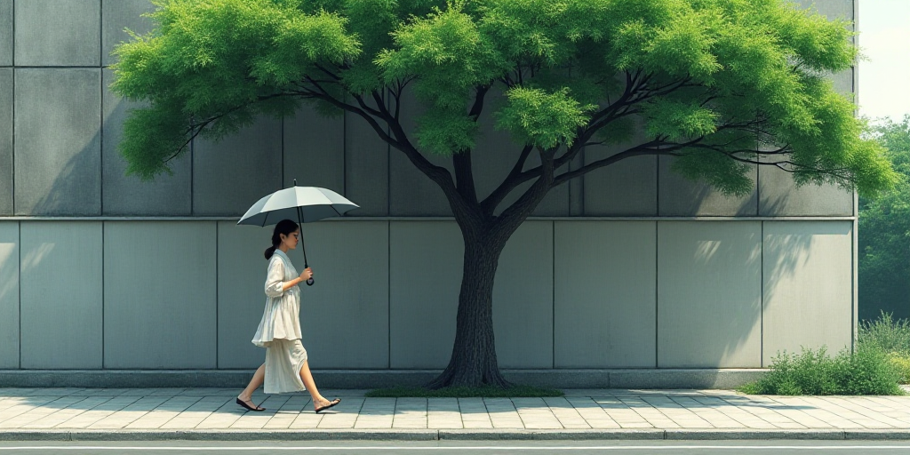 a woman walking down a street holding an umbrella in front of a building with a large stone wall and