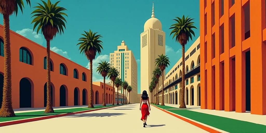 a woman walking down a street past tall buildings with palm trees in the foreground and a blue sky,