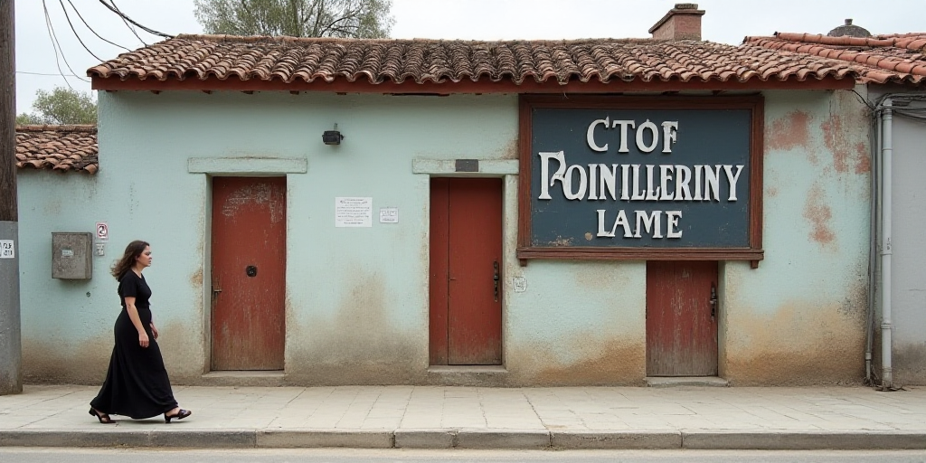 a woman walking past a building with a sign on it's side and a woman walking past it, Carlos Saenz d