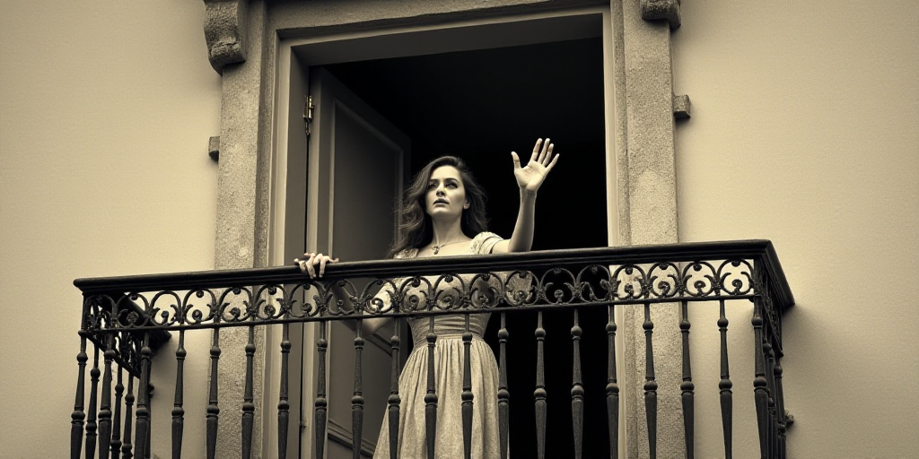 a woman waving from a balcony of a building with a balcony railing and a man standing on the balcony