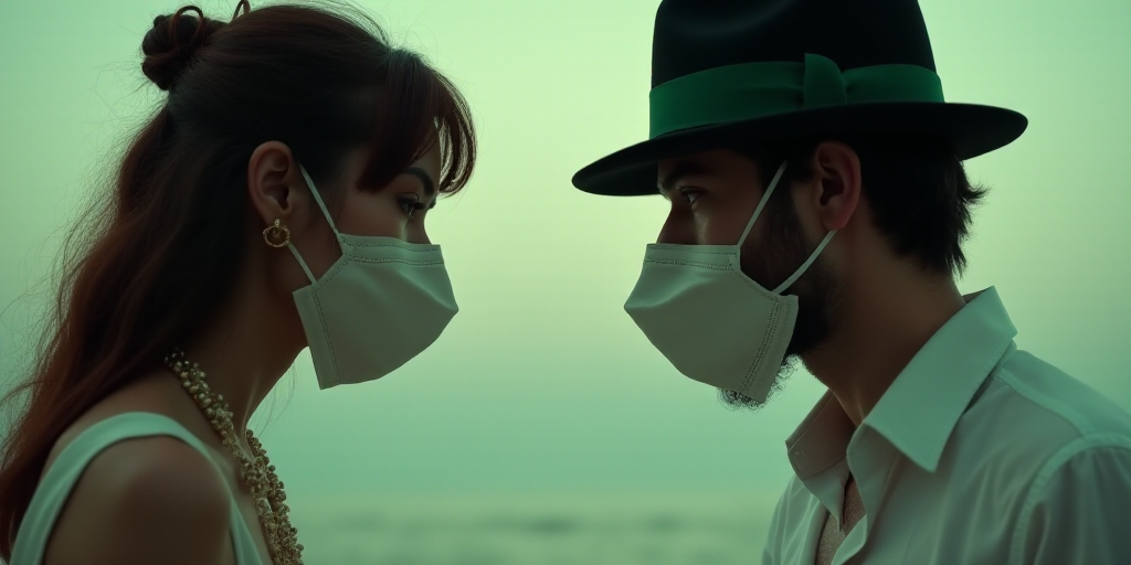 a woman wearing a face mask talking to a man in a white shirt and black hat and a green ribbon, Fay