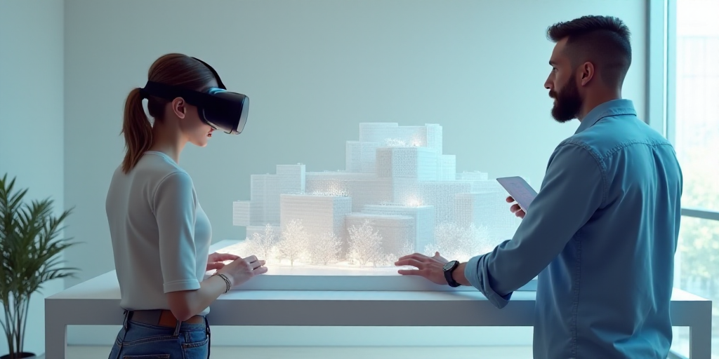 a woman wearing a virtual headset and a man in a blue shirt are looking at a model of a building, Be