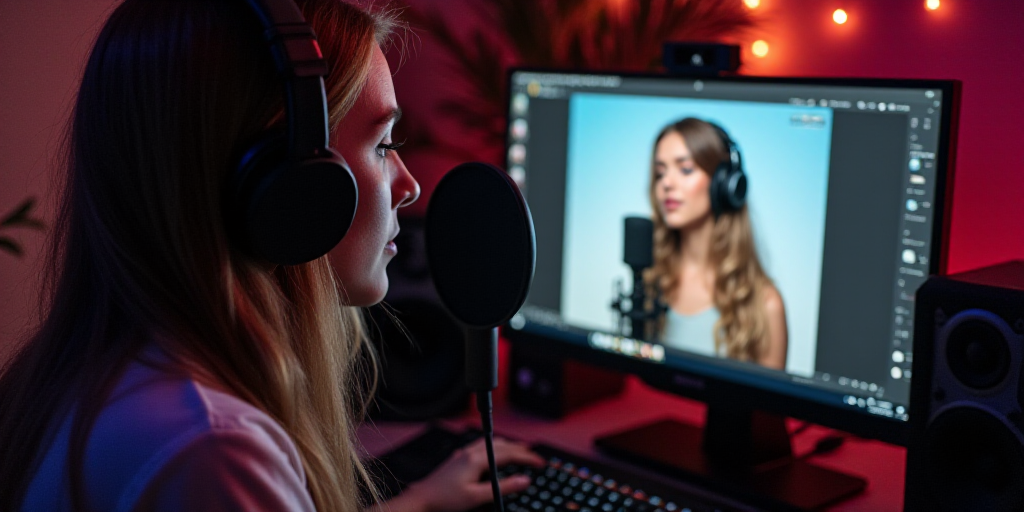 a woman wearing headphones is recording a video on a computer screen and recording a song on a micro