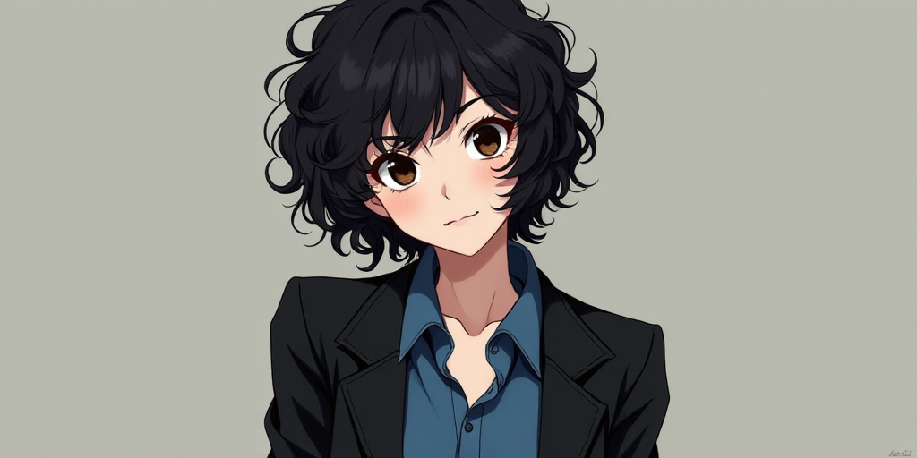 a woman with a black jacket and a curly haircut and a blue shirt is posing for a picture, Chen Lu, y