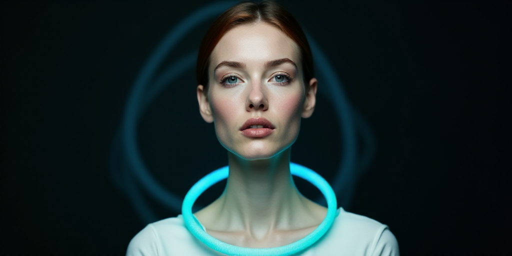 a woman with a blue circle around her neck and a black background with a white circle around her nec