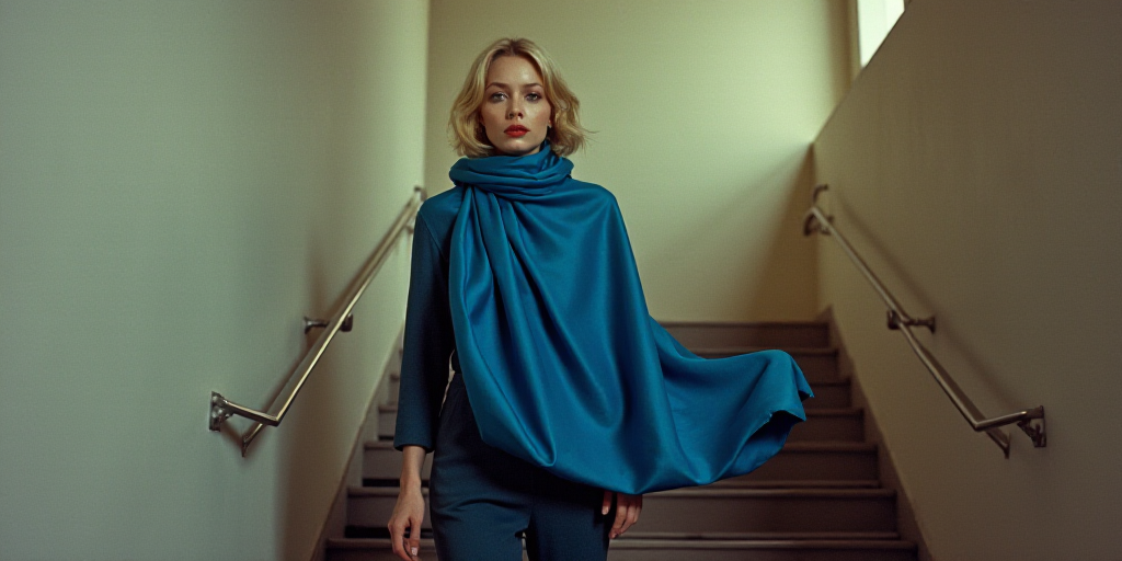 a woman with a blue scarf is walking down a stair case with a blue scarf on her neck and a blue scar