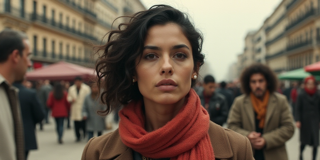 a woman with a scarf around her neck and a crowd of people walking down a street in the background,