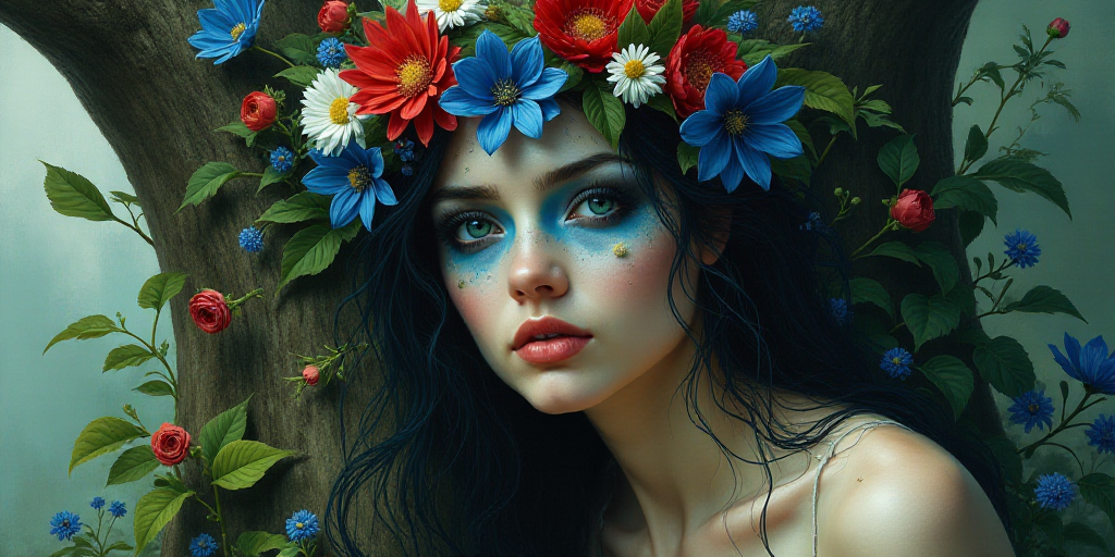 a woman with blue makeup and flowers on her head and face, surrounded by leaves and flowers, is surr