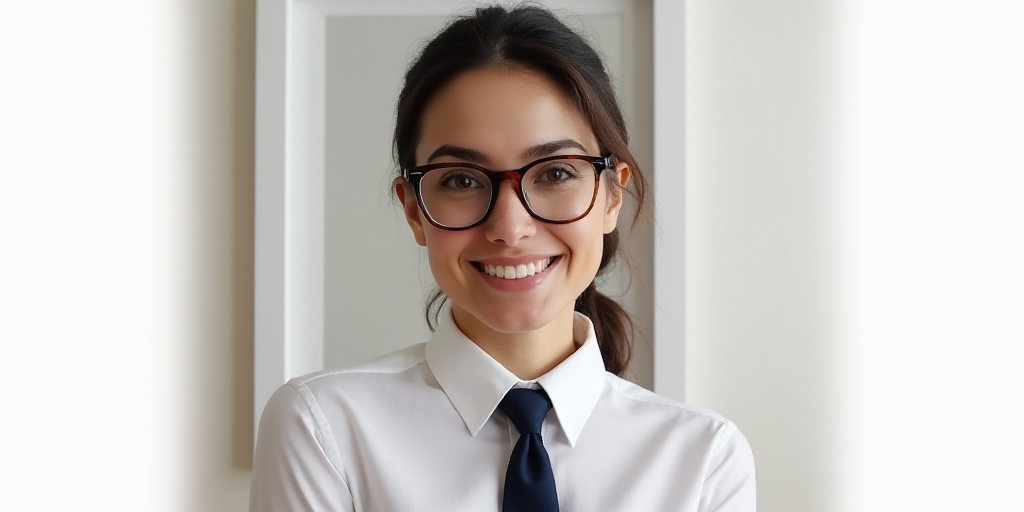 a woman with glasses and a tie on smiling for a picture in a picture frame with a white background,