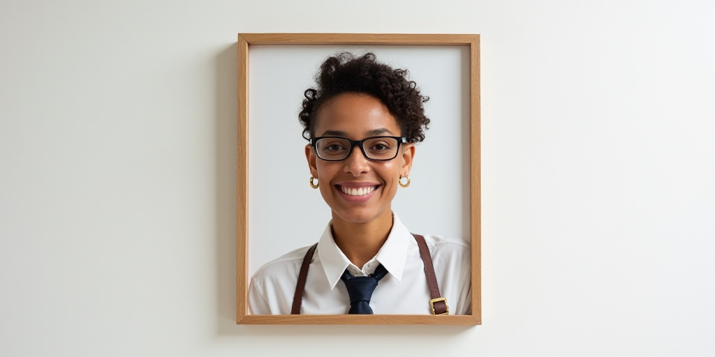 a woman with glasses and a tie on smiling for a picture in a picture frame with a white background,