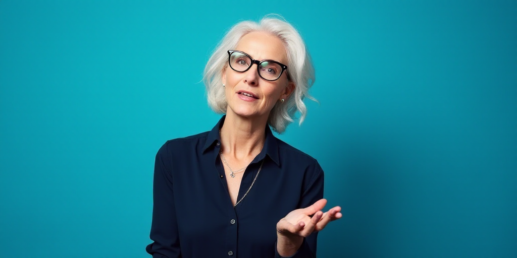 a woman with glasses is making a gesture with her hand and a blue background behind her is a blue ba