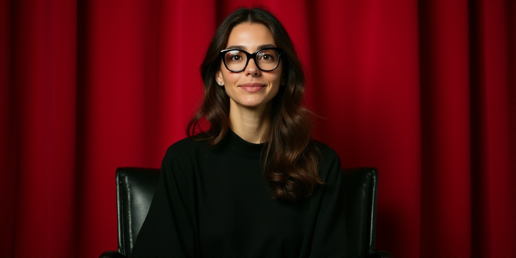 a woman with glasses sitting in a chair with a red curtain behind her and a black chair with a red c