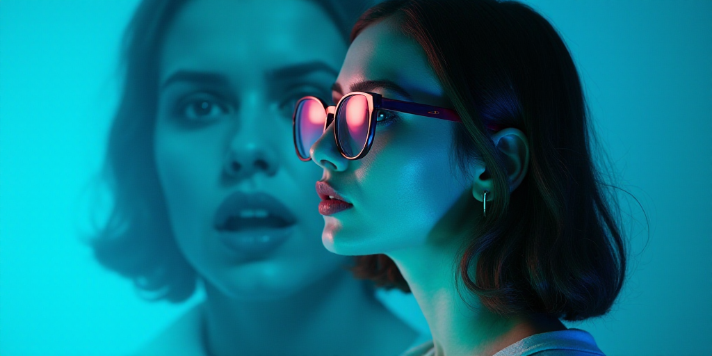 a woman with glasses standing in front of a blue background with a black and white photo of her face