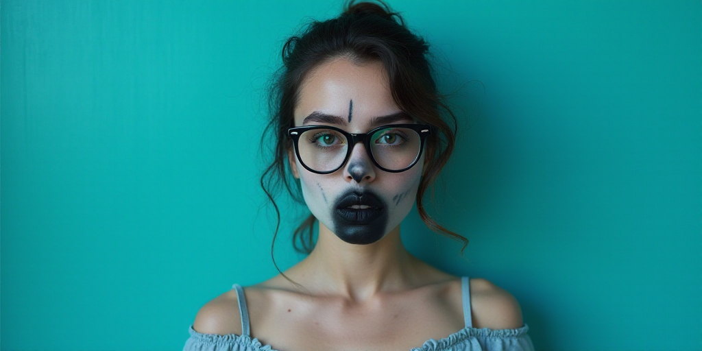 a woman with glasses standing in front of a blue background with a black and white photo of her face